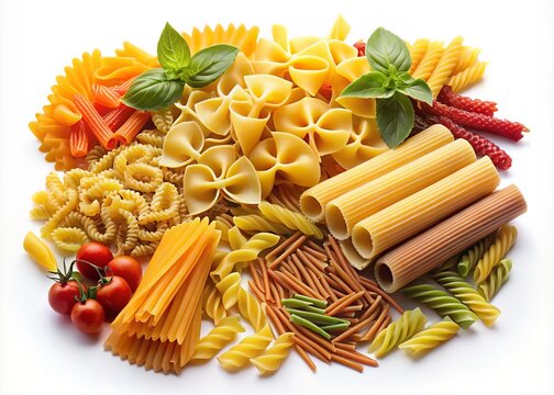 Vibrant arrangement of assorted pasta shapes, including spaghetti, fusilli, penne, farfalle, and rigatoni, against a