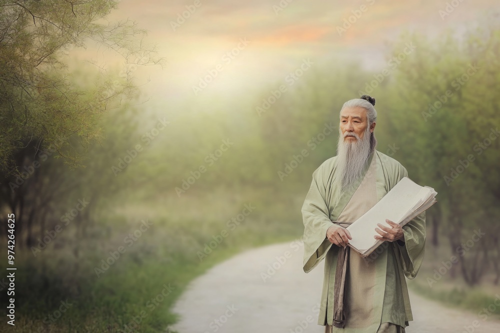 Wall mural Portrait of Laozi Walking in Nature Holding Scrolls - Spiritual Wisdom, Serenity, Chinese Culture Concept for Print, Card, Poster