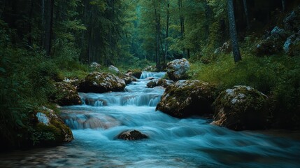 Naklejka premium Enchanting Woodland Stream: A Serene Cascade in the Heart of Nature