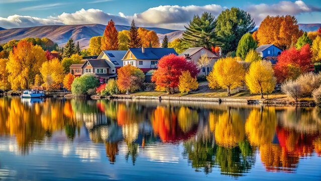 Vibrant autumn foliage surrounds the scenic Columbia River waterfront in Richland, Washington, with colorful trees and