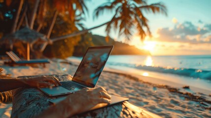 Embracing Remote Work: Digital Nomad Blissfully Working on Laptop Amidst Tropical Beach Setting