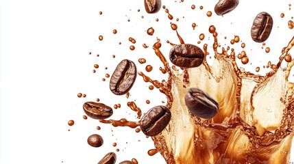 Fototapeta premium Coffee beans splashing in a brown liquid, creating a dynamic and abstract composition.