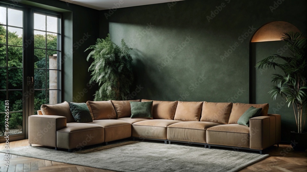 Wall mural Terra cotta corner sofa in room with beige stucco walls. Minimalist interior design of modern living room.
