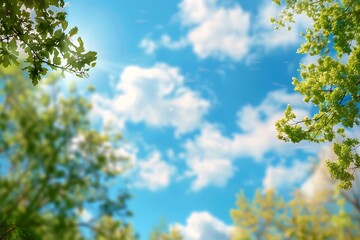 Obraz premium Beautiful blue sky with clouds and green leaves on a bright sunny day