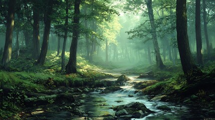 Obraz premium Sunbeams Through the Forest