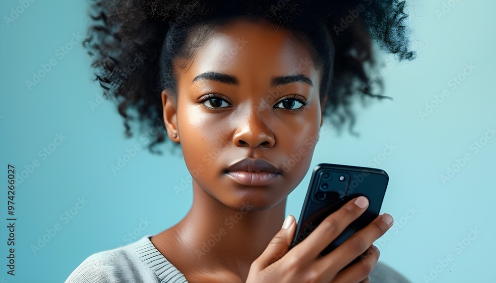 Wall mural contemplative young afro woman holding smartphone, lost in thought, set against a serene light blue 