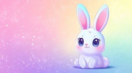 Fototapeta premium Cute White Bunny with Big Eyes on a Rainbow Background