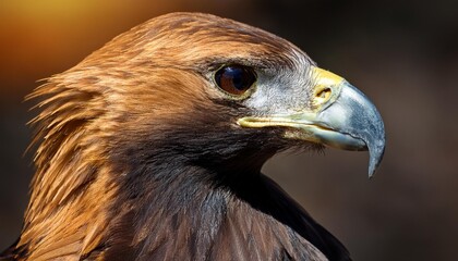 Obraz premium Majestic golden eagle profile with sharp beak and intense gaze, powerful bird of prey headshot with brown feathers and golden highlights, wild raptor portrait for nature and wildlife media.