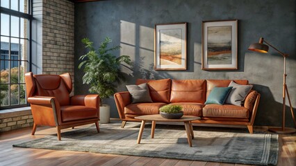 Terra cotta rustic armchair and sofa near wall with frame. Scandinavian interior design of modern living room.
