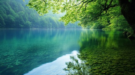 Obraz premium Serene Lake Surrounded by Lush Green Foliage