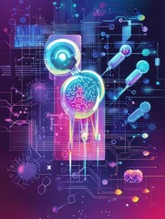 Obraz premium Futuristic nanobots, digital antibodies, holographic immune response, neon background