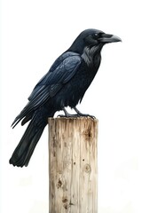 Fototapeta premium A black raven sitting on a wooden post, full body, in the style of a realistic watercolor drawing with a realism style, white background