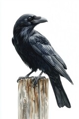 Fototapeta premium A black raven sitting on a wooden post, full body, in the style of a realistic watercolor drawing with a realism style, white background