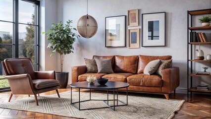 Terra cotta rustic armchair and sofa near wall with frame. Scandinavian interior design of modern living room.
