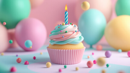 Adorable 3D cupcake with pastel-colored frosting, a candle on top, and cute tiny 3D balloons and confetti around.