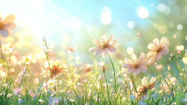 Beautiful spring meadow with grass and flowers in sunlight background banner, spring themed designs