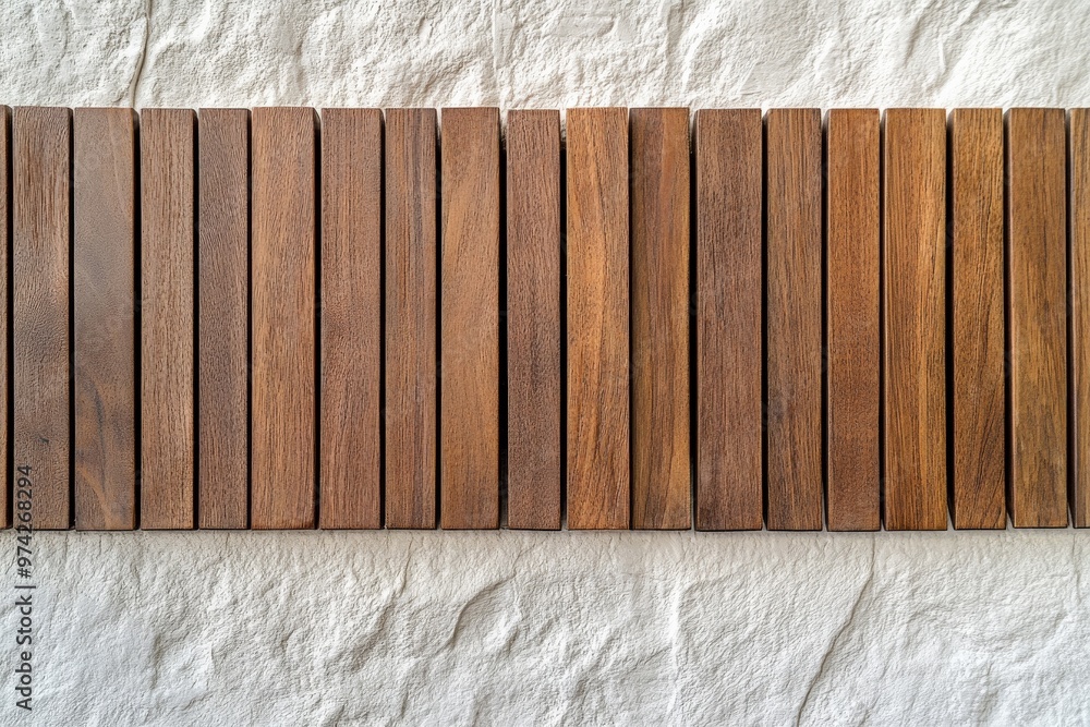 Fototapete a row of vertical wooden panels is neatly aligned against a textured white concrete wall, creating a