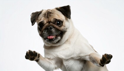 Obraz premium Young pug posing playful, happy and active on white background.