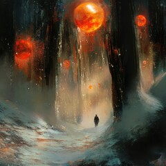 Fototapeta premium Surreal Landscape with Glowing Orbs and a Solitary Figure