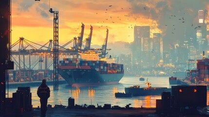 Obraz premium Vibrant Sunset Over Bustling Container Port Cityscape Landscape