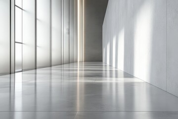 Fototapeta premium A spacious, modern hallway showcasing a sleek design with ample natural light creating dynamic patterns of light and shadows, embodying contemporary architectural style.