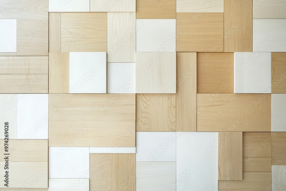 Poster a contemporary wall art design featuring an array of wooden and white panels arranged geometrically,