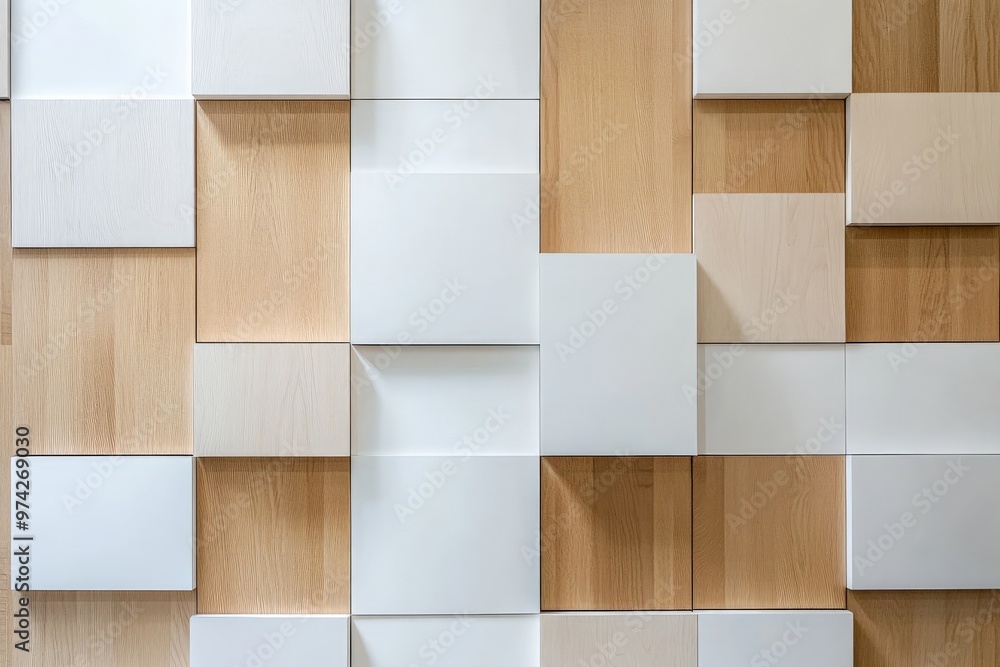 Poster Abstract wall art composed of wooden and white panels artistically placed to form a geometric pattern, suitable for modern interiors and creating a sophisticated visual appeal in the space.