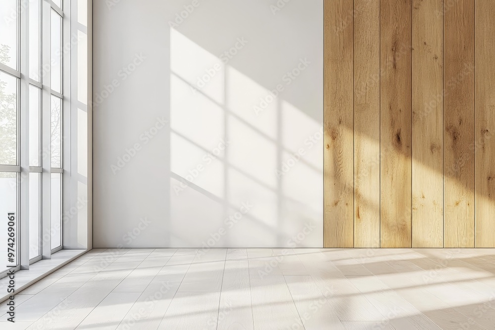 Aufkleber a bright and modern room featuring a wall with wooden and white panels, large windows allowing natur