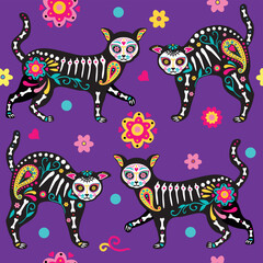 Obraz premium Seamless pattern with cute cat skeletons and flowers. Cat Skull bone skeleton. Many witchcraft cats. Ghost Halloween, Day of the Dead