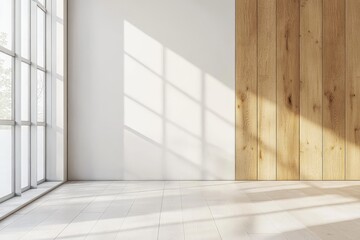 Obraz premium A bright and modern room featuring a wall with wooden and white panels, large windows allowing natural light to flood the space, creating a serene and welcoming atmosphere.