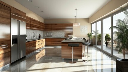 Fototapeta premium Modern kitchen with wooden cabinets, stainless steel appliances, and a large island with bar stools. There are sliding glass doors leading to a balcony with plants.