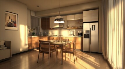 Modern kitchen with wooden table and chairs, sunlight streaming through the window.