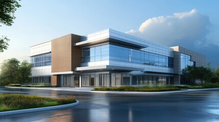 Obraz premium Modern office building with glass facade and landscaping.