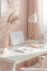 blush pink light and airy home office with desk, lamp, chair, notebook, pen