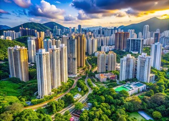 Obraz premium Vibrant cityscape of Kowloon Tong, Kowloon, Hong Kong, featuring modern skyscrapers, bustling streets, and lush