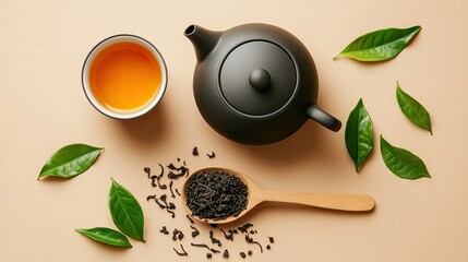 Overhead view of a black teapot, a cup of tea, loose tea leaves, and green tea leaves on a beige background.