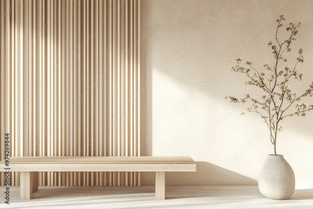 Poster a minimalist scene featuring a wooden bench placed in front of a slatted wooden wall with sunlight c