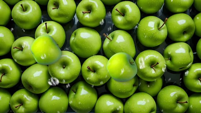 A close-up image of a pile of green apples