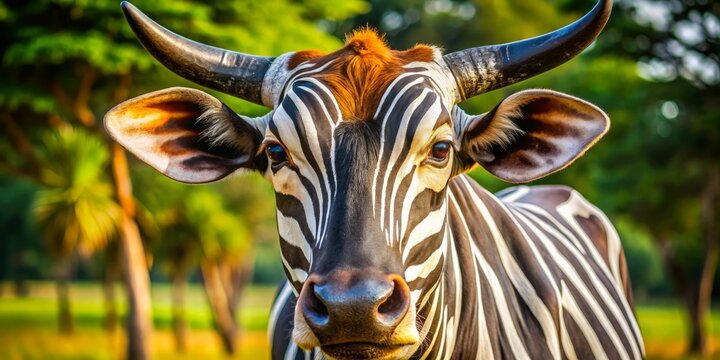 Vibrant close-up of a majestic striped zebu cattle's head, showcasing its distinctive black and white stripes, long