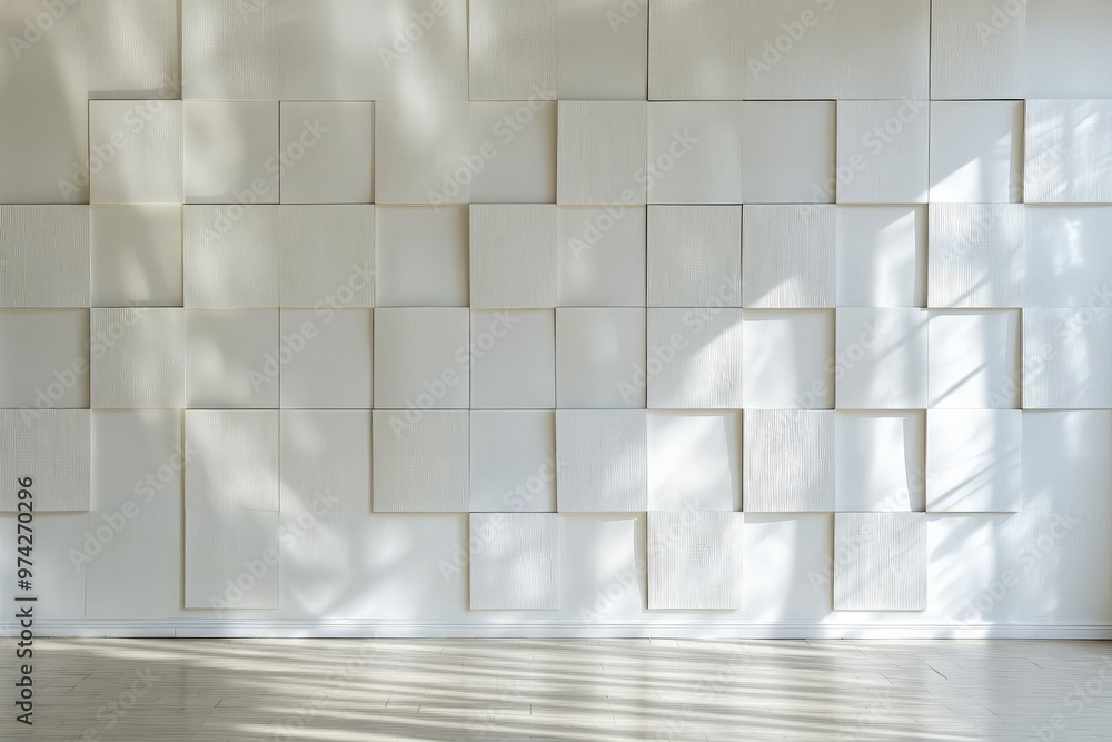 Aufkleber This image showcases an abstract white textured wall featuring a geometric design created by various sized rectangular and square panels arranged in a layered pattern.