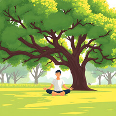 Person meditating peacefully under a large tree in a serene park setting