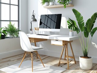 Bright Minimalist Home Office with Plants