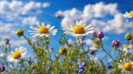 Beautiful field meadow flowers chamomile, blue wild peas in morning against blue sky with clouds, nature landscape, close-up macro. Wide format, copy space. Delightful pastoral airy artistic image 