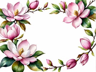 Naklejka premium Floral frame with pink magnolia flower and branch watercolor illustration on white background for wedding, Mothers day, Womans day card. Composition with place for text, copy space. Flat lay, top view