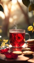 Warm Tea with Hibiscus and Cookies in the Sunlight