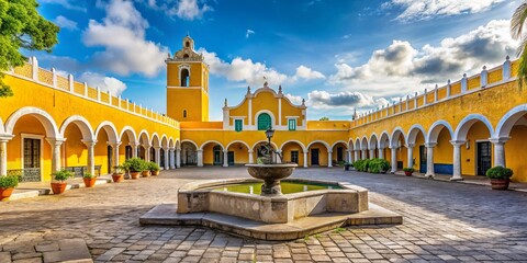 Vibrant colonial town square in Izamal, Mexico, featuring bright yellow buildings, historic convent, and ornate