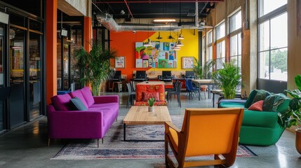 Vibrant and Eclectic Shared Workspace with Modern Furniture