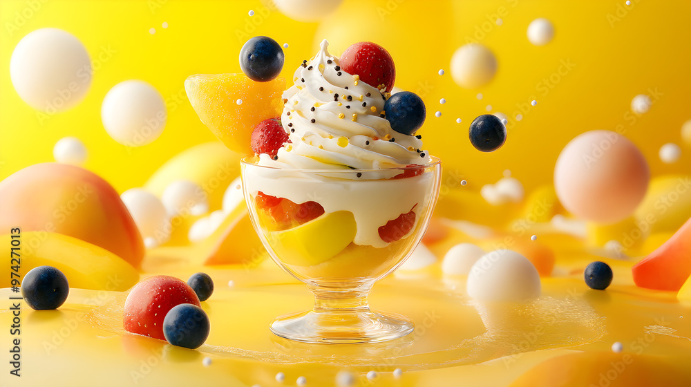 Poster a sundae with fruit orbiting around it like moons around a planet