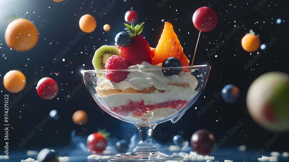 Poster a sundae with fruit orbiting around it like moons around a planet
