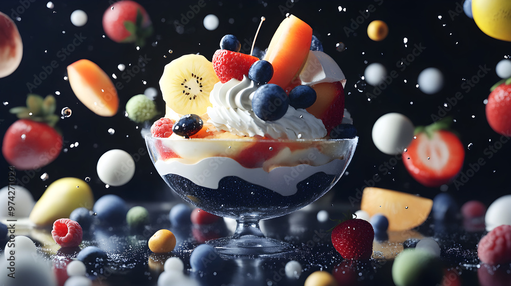 Poster a sundae with fruit orbiting around it like moons around a planet